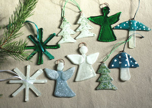 Set of 11 Ornaments in Green and White